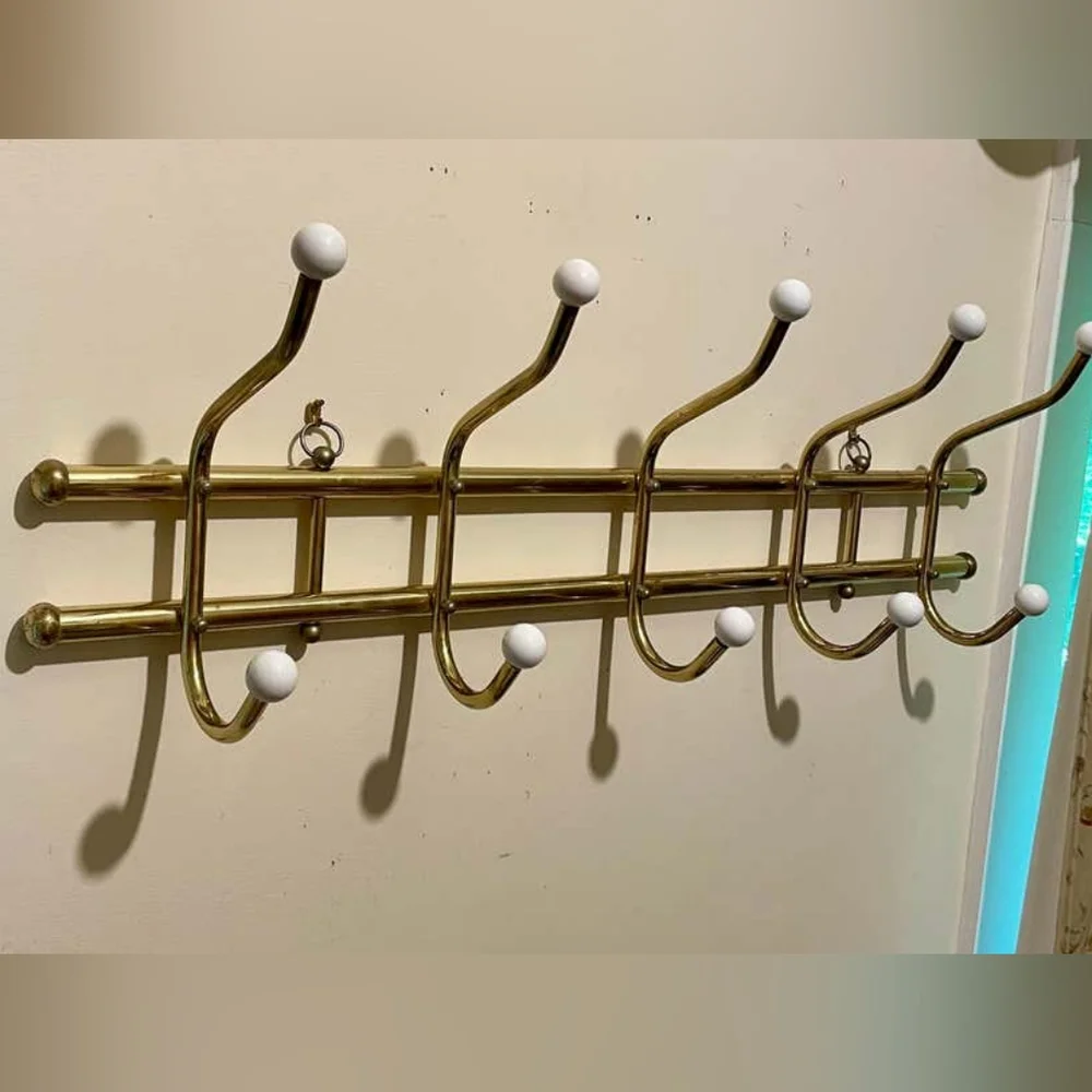 Vintage 1970s Beautiful Gold Brass Wall Mounted Coat Rack Hooks Porcelain Knobs
